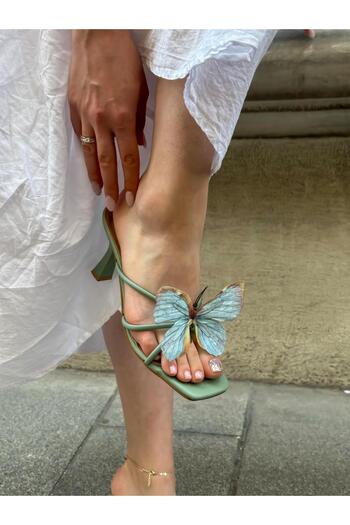 ERVANIN BUTİĞİ Mint Green Skin (Butter) Purple Butterfly Heeled Women's Slippers