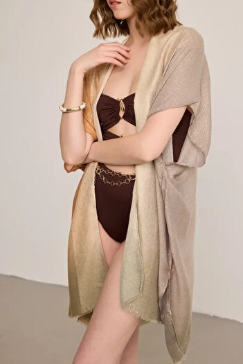 Gusto Batik Patterned Glitter Kimono - Beige