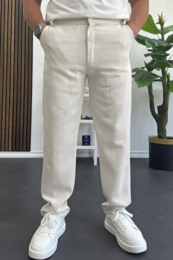 Edwox Men's Regular Fit Linen Trousers Off White Edw386
