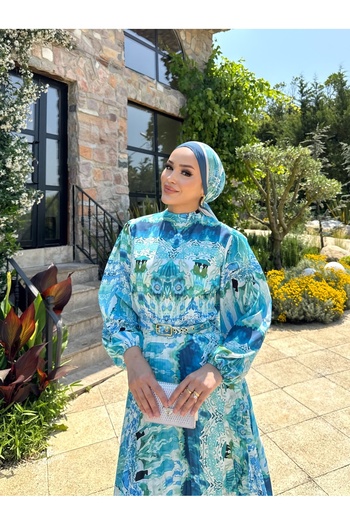 Melike Tatar Desenli Piliseli Elbise 32-2372