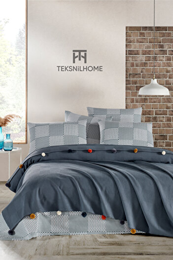 TeksNil Home 100% Cotton Anthracite Pompom Pique Set 3 Pieces (Pique, Sheet, Pillow Case)