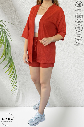 Nyda Collections Women's Wrinkle Fabric Summer Lycra Elastic Waist Shorts and Kimono Set
