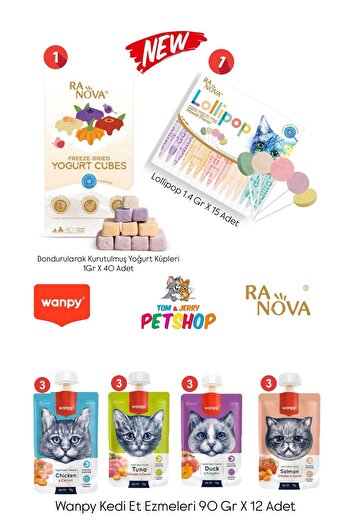 Wanpy TOM&JERRYPETSHOP-Wanpy Kedi Et Ezmeleri 90 gr & Ranova Kedi Lollipop ve Yoğurt Küpü Ödül Mama Seti