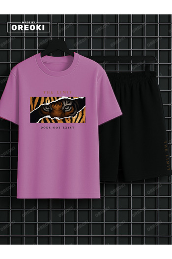 EFFRENATU No Border Tiger Printed Cotton Men's Pink T-Shirt-Black Shorts Set