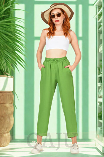 Qaju Women's High Waist Slim Trench Summer Elastic Waist Lace-Up Green Trousers