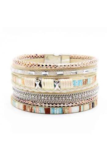 Tessero Women's bracelet, bohemian style with multiple strands made of leather, magnetic clasp