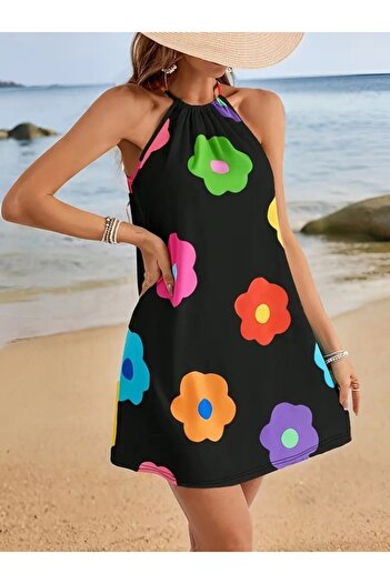 buğrahayalin Women's Halter Strap Sleeveless Floral Print Single Jersey Dress