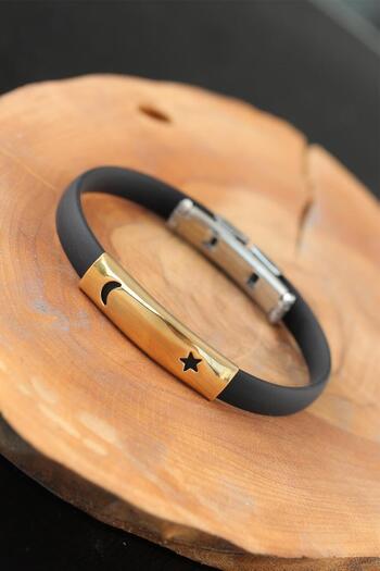 BESKAR Gold Color Metal Moon Star Design Black Color Silicone Men's Bracelet