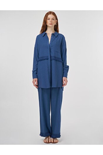 Kayra Lace Garnished Linen Viscose Double Suit Indigo
