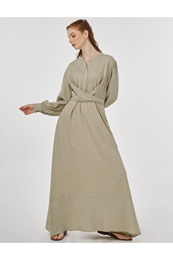 Kayra Waist Detailed Linen Viscose Dress Mildew Green