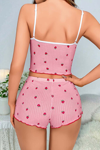Fulla Moda Çilek Desenli Dantel Detaylı Şortlu Pijama Takımı