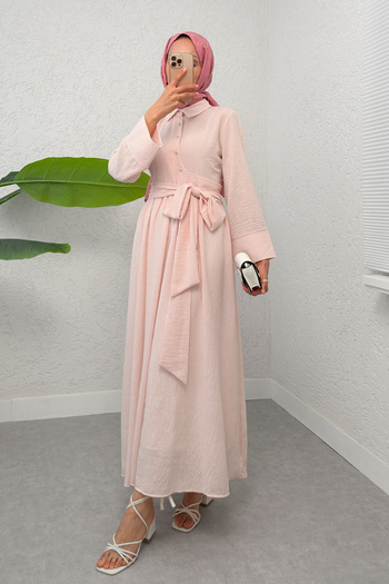 Salih Çelebi Belted Cross Neck Dress 2304 - Powder