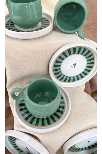 Erbaşlar Love Bird Green Series Chubby 12 Piece Luxury Ceramic Chubby Coffee Cup Set Turkish Coffee Cup