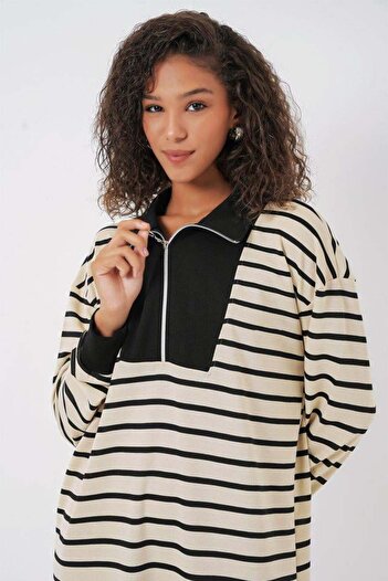 gelirr 55453 Zipper Detailed Striped Long Dress - Black