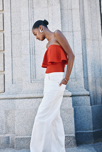 H&M Farbalalı İnterlok Bandeau Üst