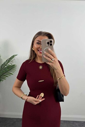 Şair    Women's Ottoman Fabric Lycra Button Design Short Sleeve Pencil Dress