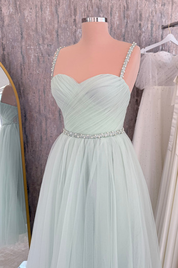 Lenta Moda Su Yeşili Drapeli Ve İnci Detaylı Midi Boy Tül Abiye & Nikah Elbisesi