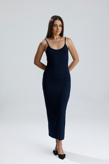 Sense Slit Strap Lycra Viscose Dress |   Elb35782 Navy Blue