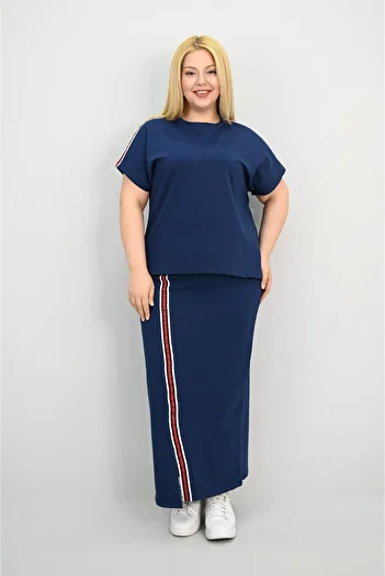Koza Butik Women's Plus Size Short Sleeve Stripe Skirt Suit 8204-25
