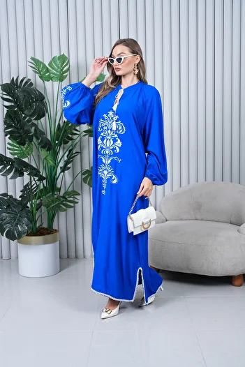 EL jadida Women's Embroidered Pompom Viscose Long Dress Saks Blue