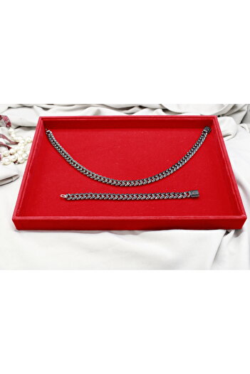 Brand. Black Iced Cuban Link Jewelry Set – Chrome-Plated Necklace & Bracelet with Embedded Crystals