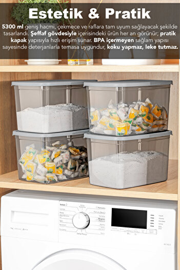 Meleni Home 4'lü Mega Boy Deterjan Saklama Kutusu - Etiketli Toz Tablet Deterjan Kutusu Antrasit 5,3 Litre