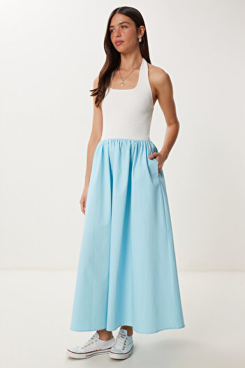 Happiness İstanbul Women's Ecru Blue Stretchy Knitted Top Poplin Skirt Dress Fn03462