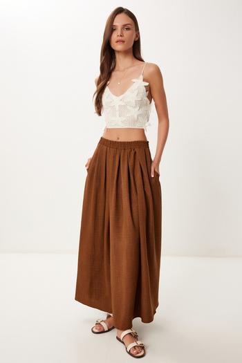 Happiness İstanbul Women's Dark Brown Pocket Flared Summer Woven Skirt Pb00046