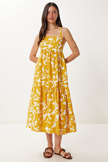 Happiness İstanbul Senfgelb gemustertes Sommer-Webkleid für Damen FK00046