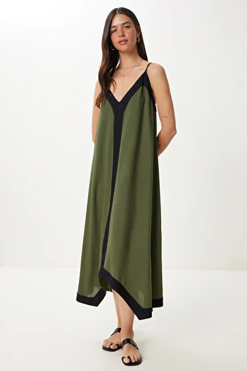 Happiness İstanbul Women's Khaki Black Contrast Color Summer Viscose Dress Fg00045
