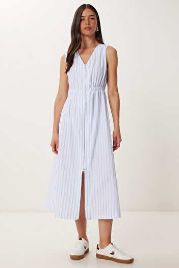 Happiness İstanbul Rochie midi țesută cu dungi pentru femei Sky Blue White FG00049