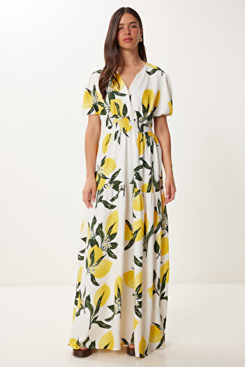 Happiness İstanbul Women's Ecru Yellow Lemon Patterned Flounced Summer Viscose Dress Fn03467