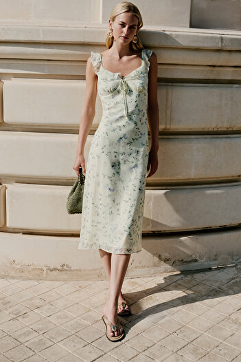Trendyol Collection Yellow Floral A-Line Ruffle Chiffon Flight Flight Woven Midi Dress Twoss25El00568