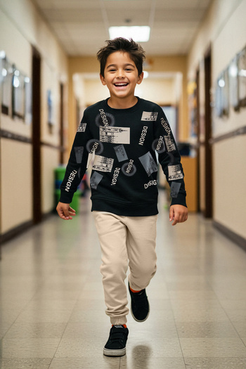 TRENDYOLKIDS Black Cotton Boys Printed Knitted Sweatshirt Tracksuit Bottom-Top Set Tkdaw25Au00150