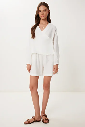 Happiness İstanbul Women's Ecru Muslin Blouse Shorts Set Bv00151