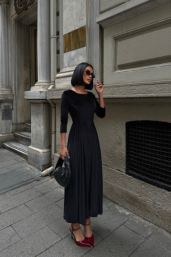 Trendyol Collection Rochie de seară tricotată din catifea neagră, în formă de A, rochie de absolvire de noapte TPRAW25EL00177