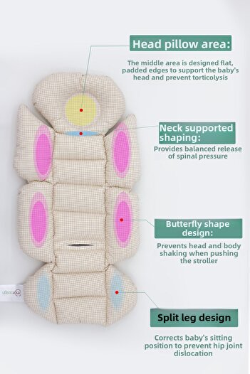 mordesign Baby Stroller Cushion, Waist Support, Plaid Pattern, Double Sided, Brown