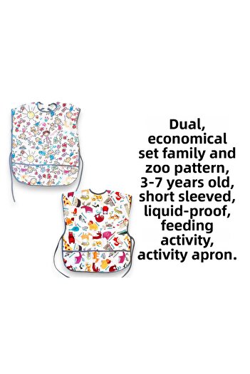 yorni 2 Pieces Economical Set, 3-6 Years Old, Family and Zoo Pattern, Waist-Tied and Velcroed Activity Apron