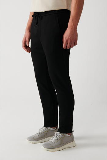 Avva Men's Black Elastic Waist Lace-Up Knitted Jogger Pants A31Y3027