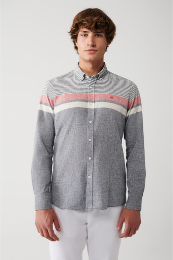 Avva Men's Navy Blue Cotton Linen Blended Striped Shirt A31Y2264