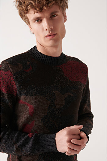Avva Men's Brown Crew Neck Jacquard Wool Sweater A22Y5045