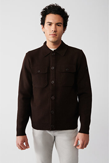 Avva Men's Brown Woolen Buttoned Polo Collar Cardigan Coat with Chest Pockets A22Y6096