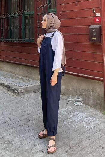lamelif Kangaroo Jumpsuit with Front Pocket Navy Blue