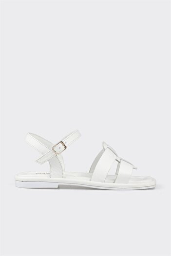 Elle Shoes White Leather Women's Flat Sandals