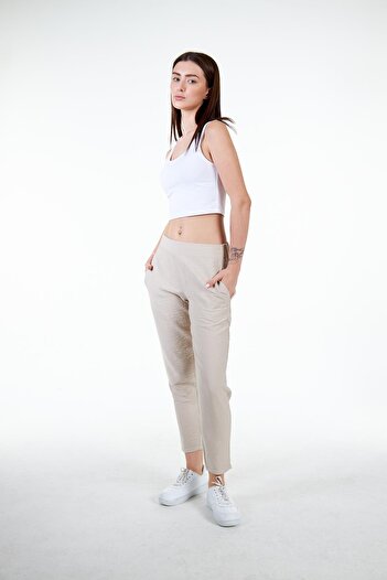 Chandraswear Bej Kadın Keten Görünümlü Carrot Fit Havuç Pantolon - Perla