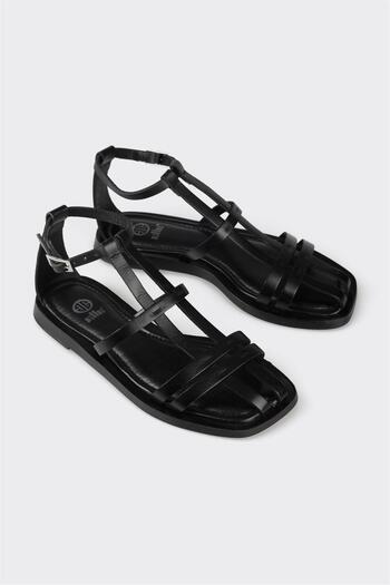Elle Shoes Black Leather Women's Flat Sandals