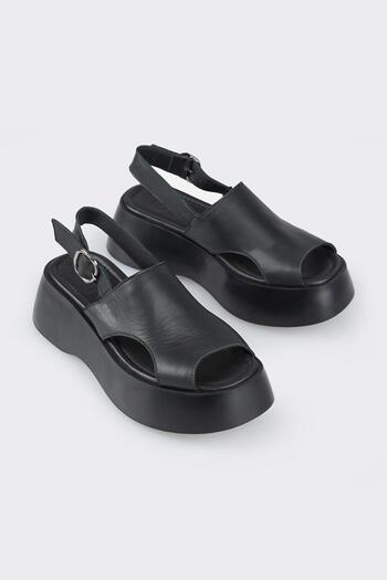 Elle Shoes Black Leather Women's Wedge Heel Sandals