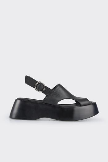 Elle Shoes Black Leather Women's Wedge Heel Sandals