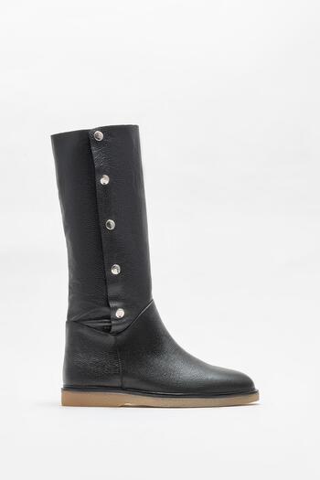 Elle Shoes Μαύρα δερμάτινα γυναικεία φλατ μποτάκια