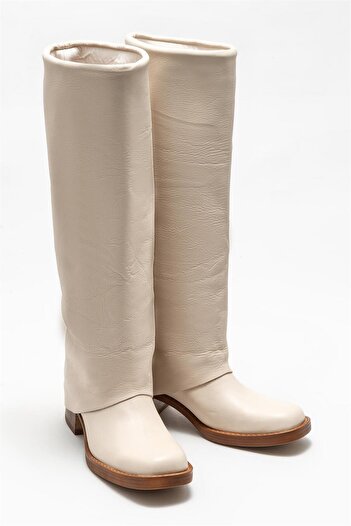 Elle Shoes Ecru Leather Women's Heeled Boots